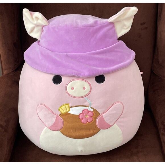 Squishmallows Peter the Pink Pig Wearing Bucket Hat 16" - Picture 1 of 5